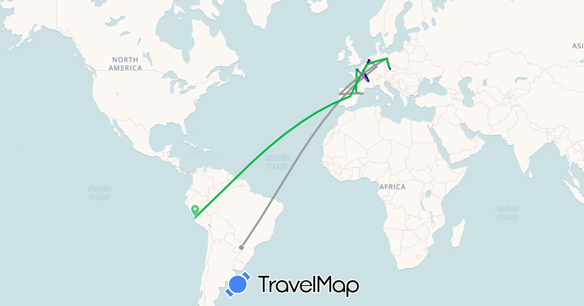 TravelMap itinerary: driving, bus, plane, train in Belgium, Brazil, Czech Republic, Germany, Spain, France, Netherlands, Peru, Portugal (Europe, South America)